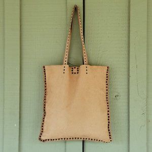 Officina ORIGI Italy Beige Studded Distressed Leather Tote Bag w/ Pouch
